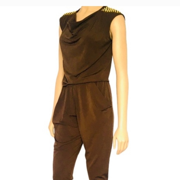 MICHAEL KORS CHOCOLATE JERSEY GOLD STUDDED JUMPSUIT ROMPER SZ LARGE - Picture 3 of 10